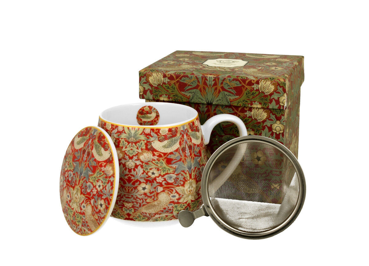 10er SET DUO ART GALLERY Fassbecher 430 ml STRAWBERRY THIEF RED mit Teesieb, New Bone China Porzellan – Bild 4