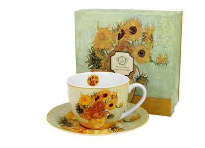 DUO ART GALLERY Tasse 270 ml SUNFLOWERS mit Untertasse, New Bone China Porzellan