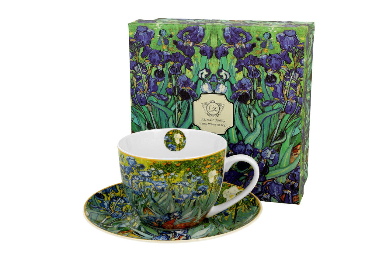 DUO ART GALLERY Tasse 270 ml IRISES mit Untertasse, New Bone China Porzellan