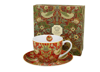 DUO ART GALLERY Tasse 270 ml STRAWBERRY THIEF RED mit Untertasse, New Bone China Porzellan