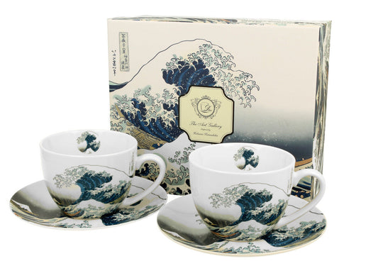 DUO ART GALLERY 2er-Set Tassen 280 ml THE GREAT WAVE mit Untertassen, New Bone China Porzellan