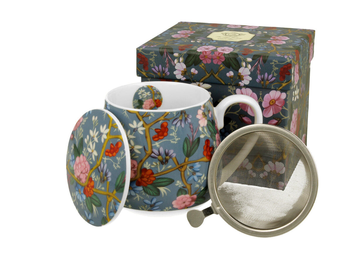 DUO ART GALLERY Fassbecher 430 ml BLUE mit Teesieb, New Bone China Porzellan