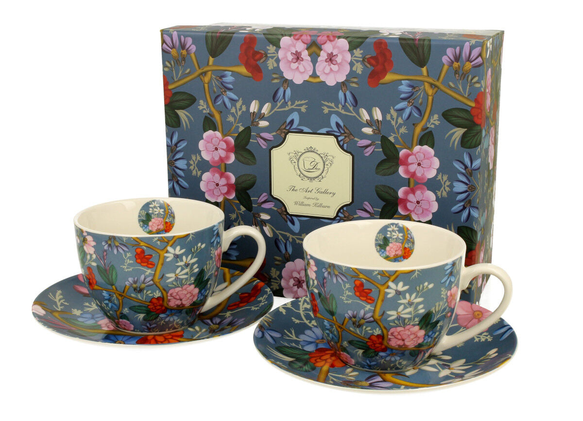 DUO ART GALLERY 2er-Set Tassen 280 ml BLUE mit Untertassen, New Bone China Porzellan