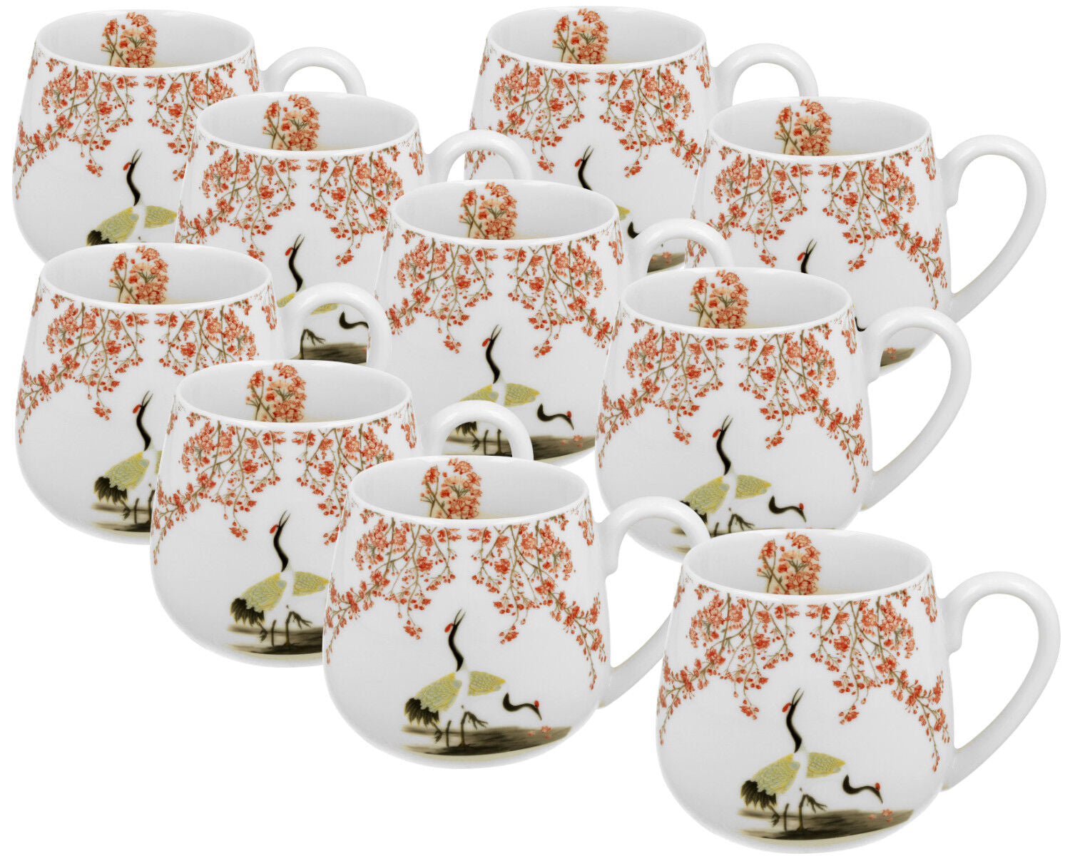 10er SET DUO ART GALLERY Fassbecher 430 ml SAKURA & CRANES New Bone China Porzellan