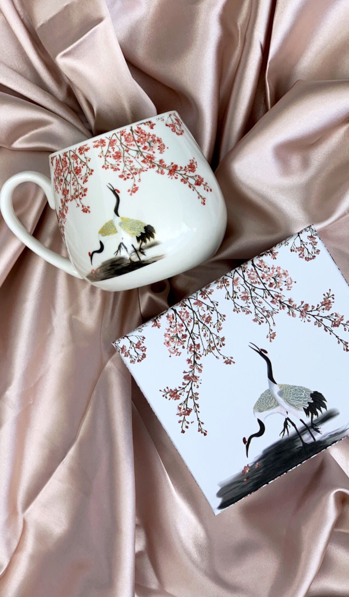 DUO ART GALLERY Fassbecher 430 ml SAKURA & CRANES New Bone China Porzellan – Bild 4