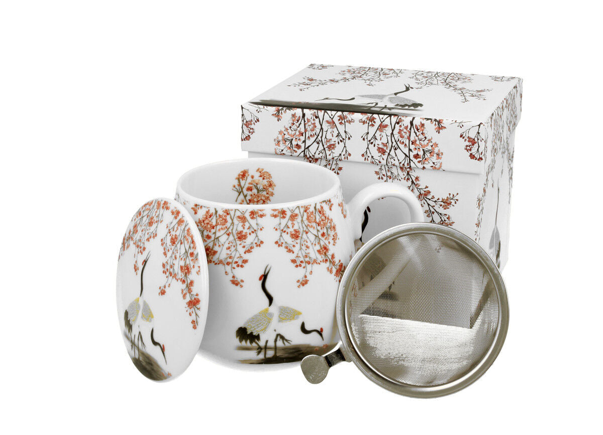 DUO ART GALLERY Fassbecher 430 ml SAKURA & CRANES mit Teesieb, New Bone China Porzellan
