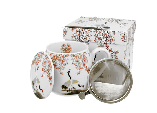 DUO ART GALLERY Fassbecher 430 ml SAKURA & CRANES mit Teesieb, New Bone China Porzellan