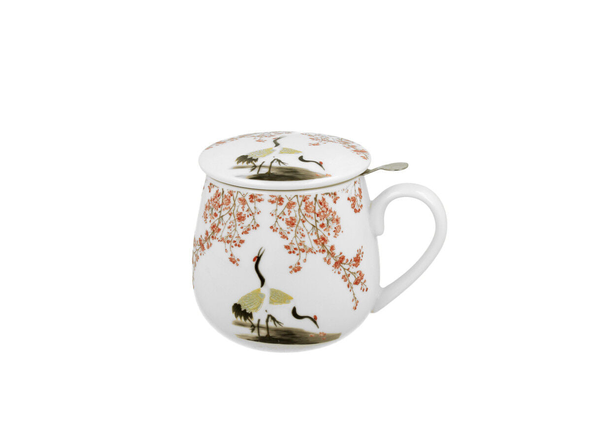 DUO ART GALLERY Fassbecher 430 ml SAKURA & CRANES mit Teesieb, New Bone China Porzellan – Bild 2