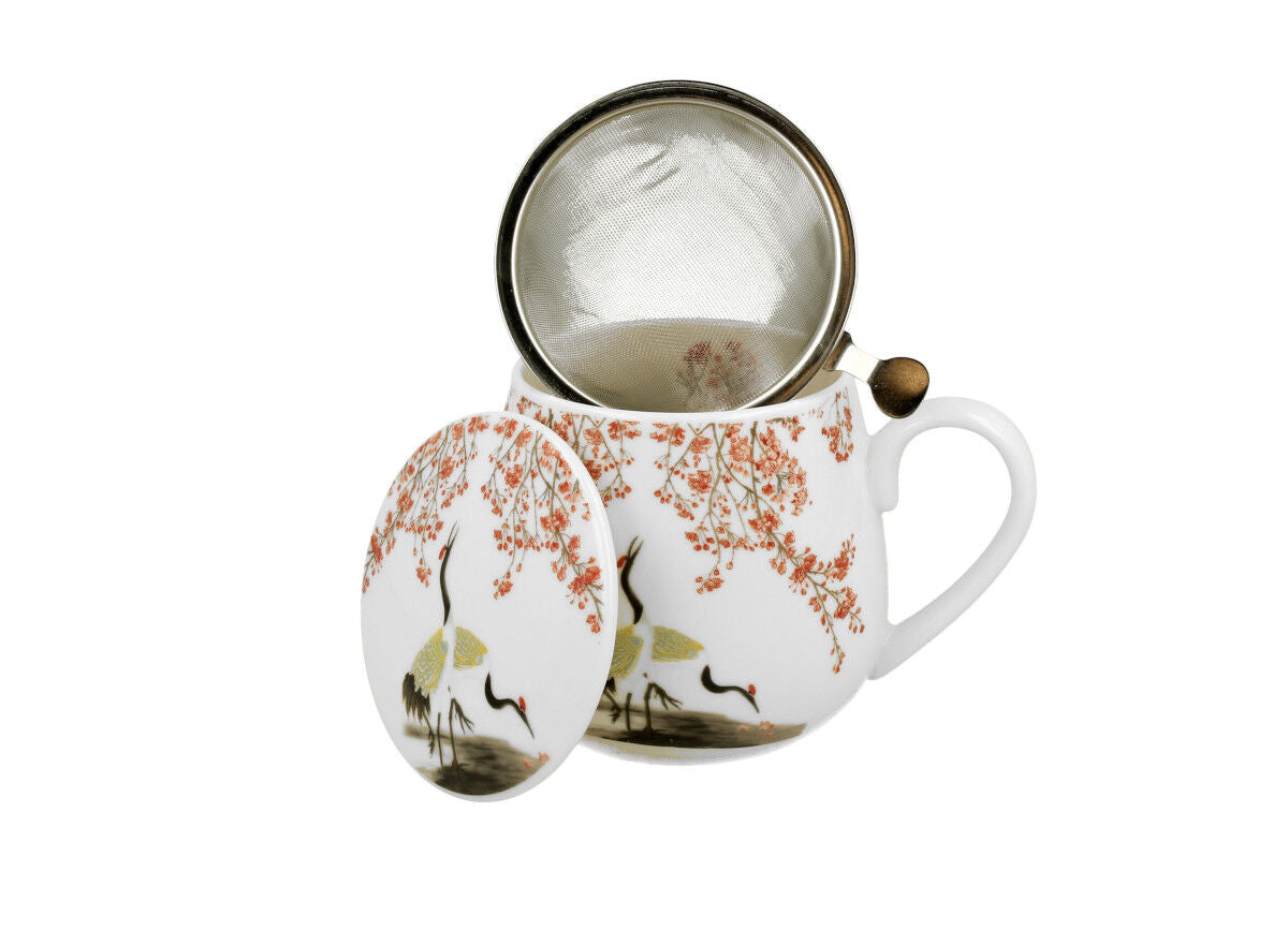 DUO ART GALLERY Fassbecher 430 ml SAKURA & CRANES mit Teesieb, New Bone China Porzellan – Bild 3