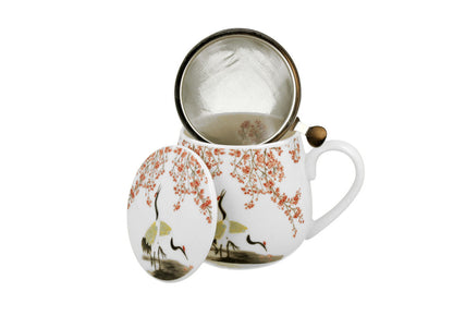 DUO ART GALLERY Fassbecher 430 ml SAKURA & CRANES mit Teesieb, New Bone China Porzellan – Bild 3