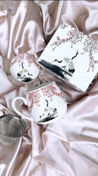 DUO ART GALLERY Fassbecher 430 ml SAKURA & CRANES mit Teesieb, New Bone China Porzellan – Bild 5