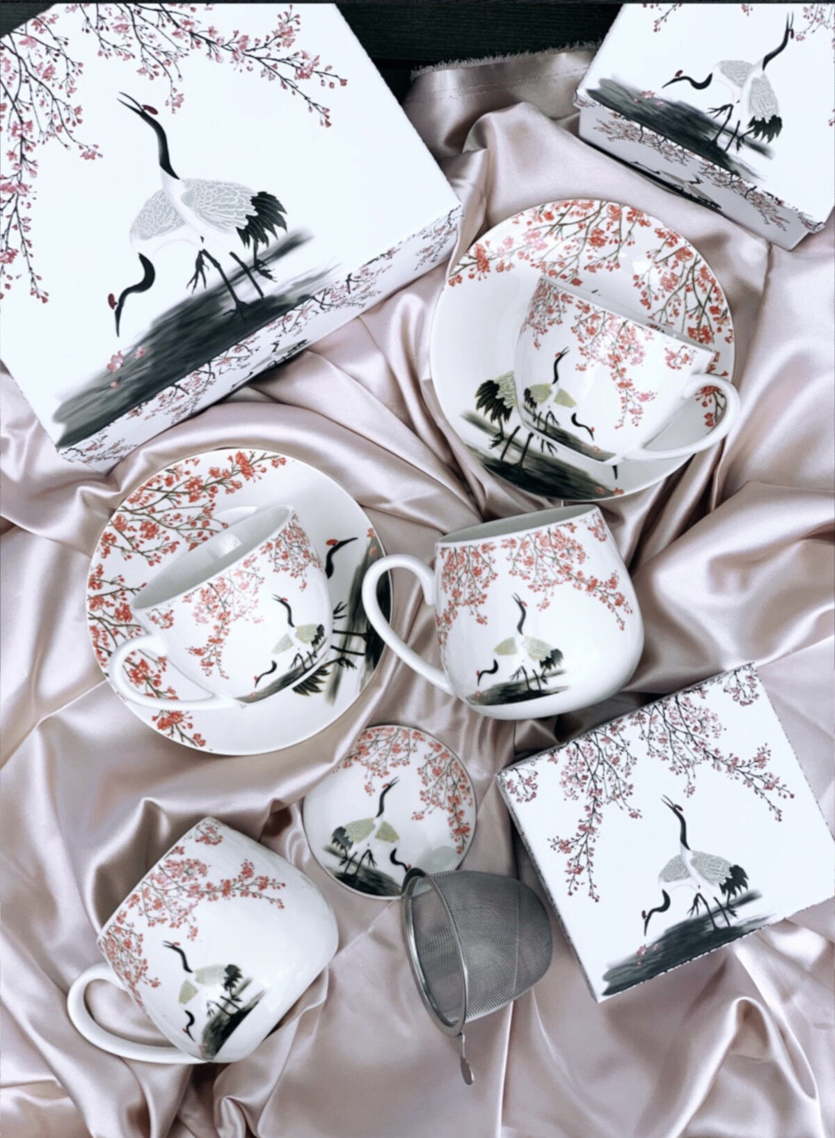 DUO ART GALLERY Fassbecher 430 ml SAKURA & CRANES mit Teesieb, New Bone China Porzellan – Bild 7