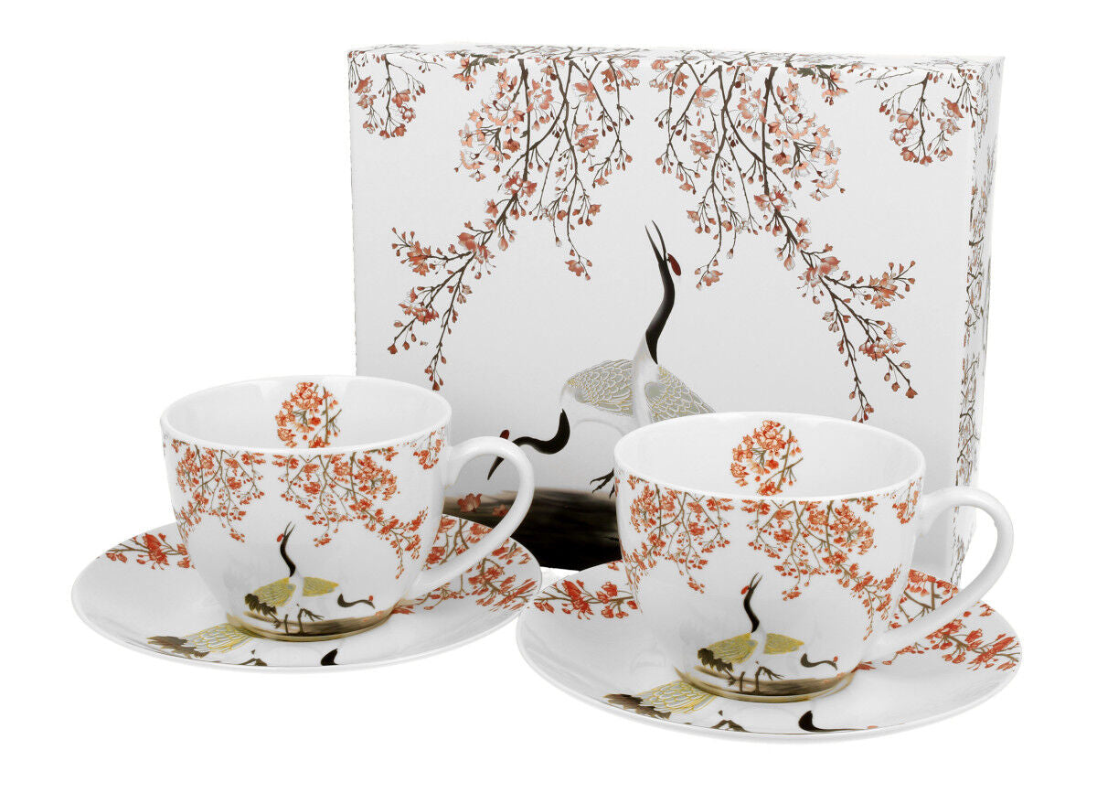 DUO ART GALLERY 2er-Set Tassen 280 ml SAKURA & CRANES mit Untertassen, New Bone China Porzellan