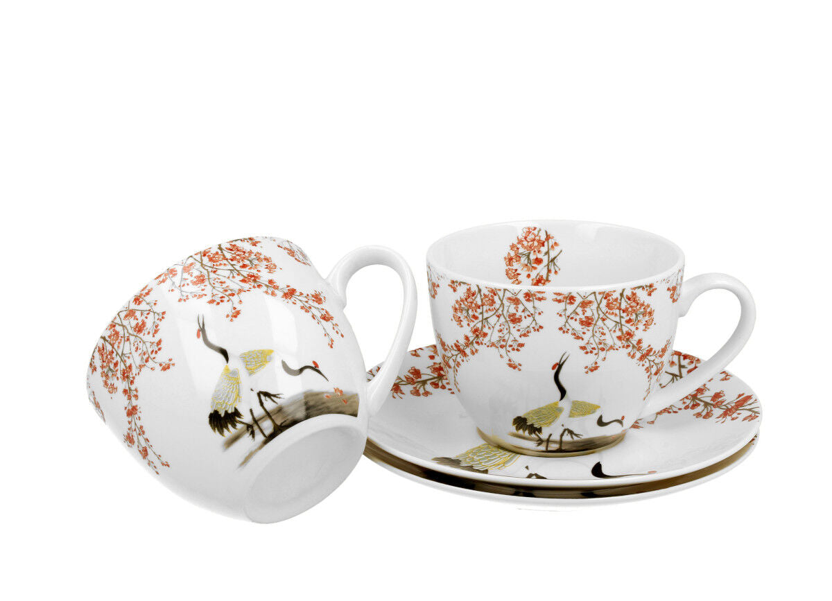 DUO ART GALLERY 2er-Set Tassen 280 ml SAKURA & CRANES mit Untertassen, New Bone China Porzellan – Bild 3