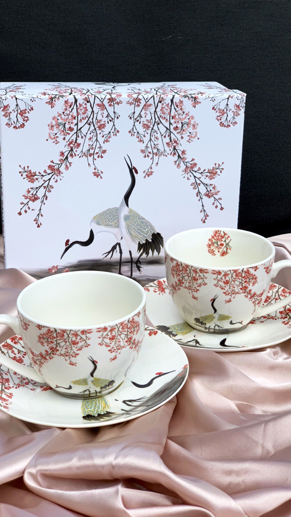 DUO ART GALLERY 2er-Set Tassen 280 ml SAKURA & CRANES mit Untertassen, New Bone China Porzellan – Bild 7
