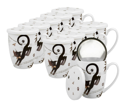 10er SET DUO ANIMALS Becher 380 ml CHARMING CATS mit Teesieb, New Bone China Porzellan