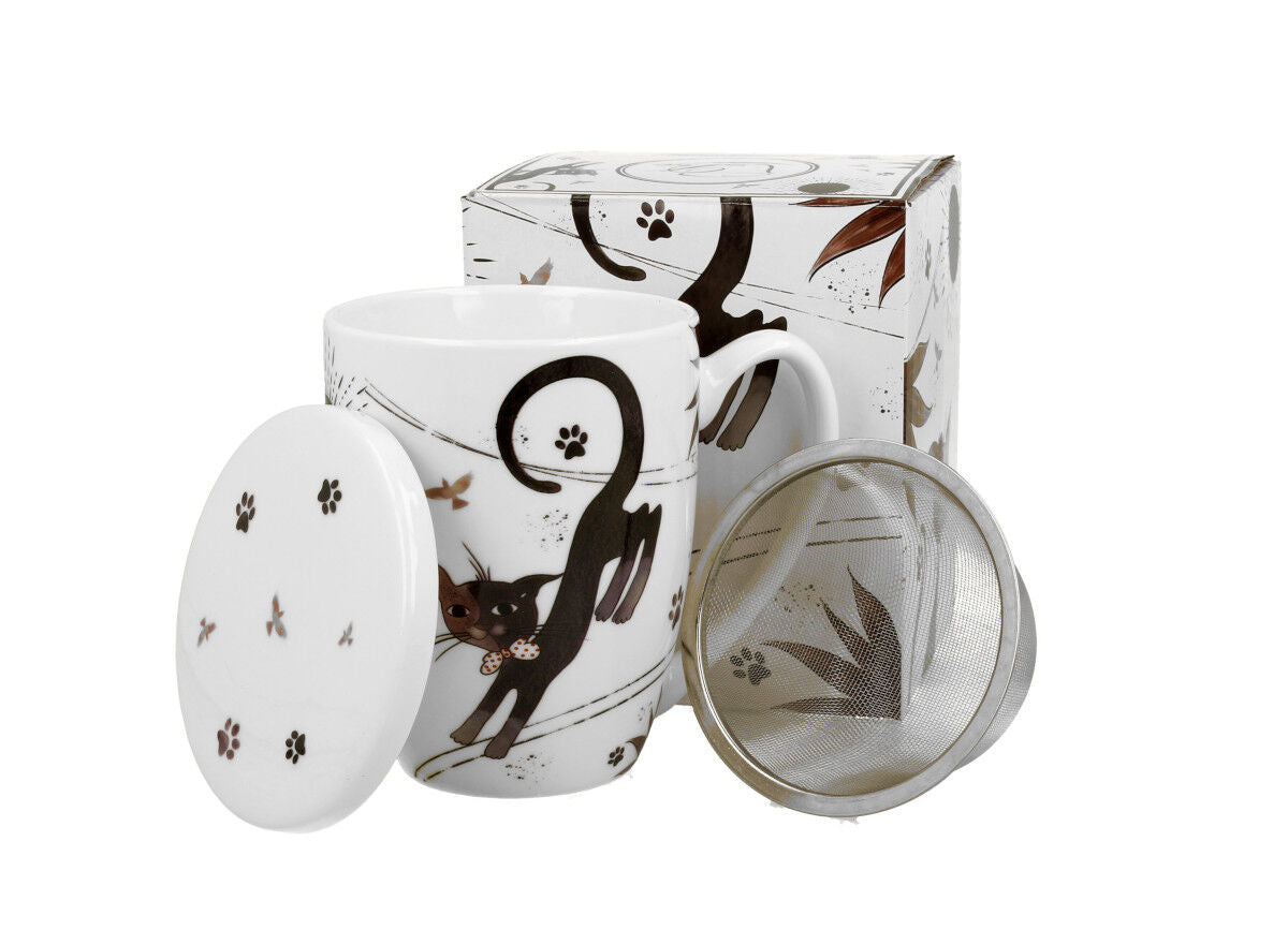 DUO ANIMALS Becher 380 ml CHARMING CATS mit Teesieb, New Bone China Porzellan