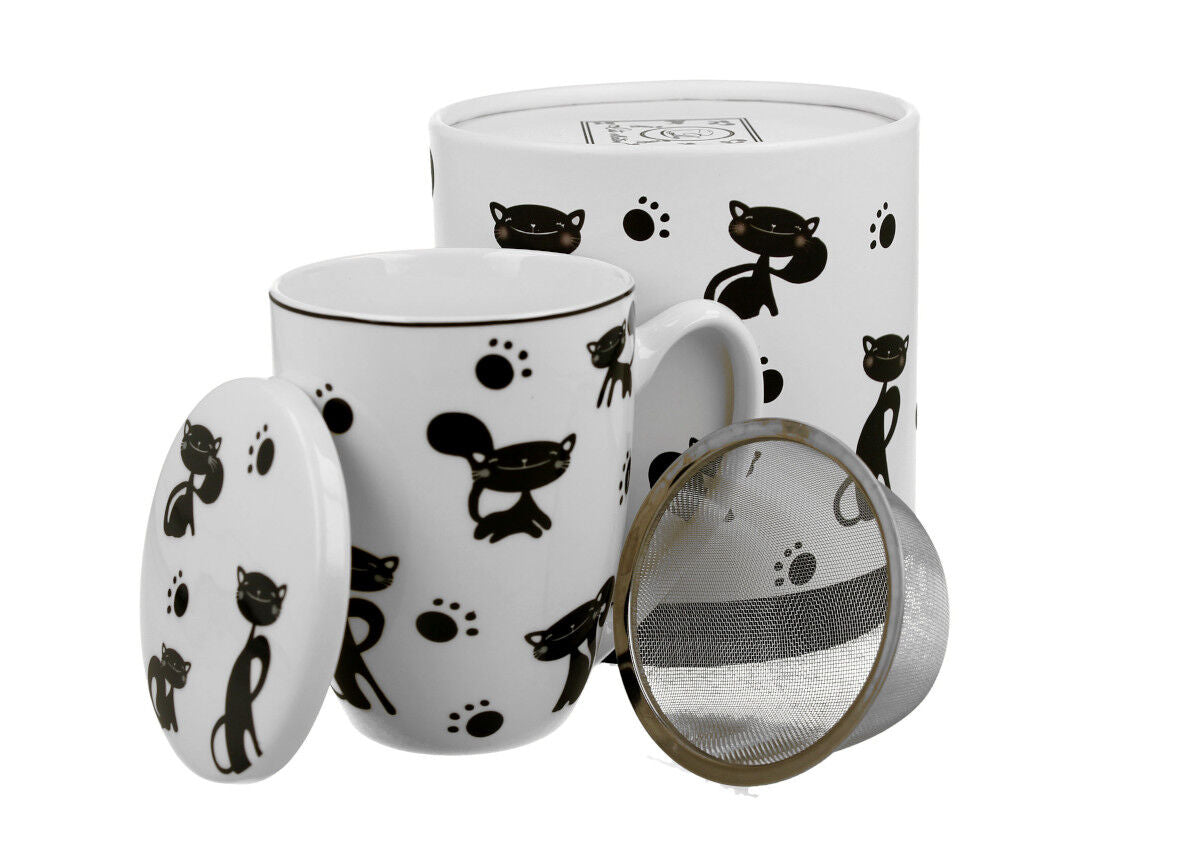 DUO ANIMALS 33205 Becher 380 ml mit Teesieb BLACK CATS mit Teesieb, New Bone China Porzellan