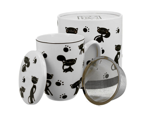 DUO ANIMALS 33205 Becher 380 ml mit Teesieb BLACK CATS mit Teesieb, New Bone China Porzellan