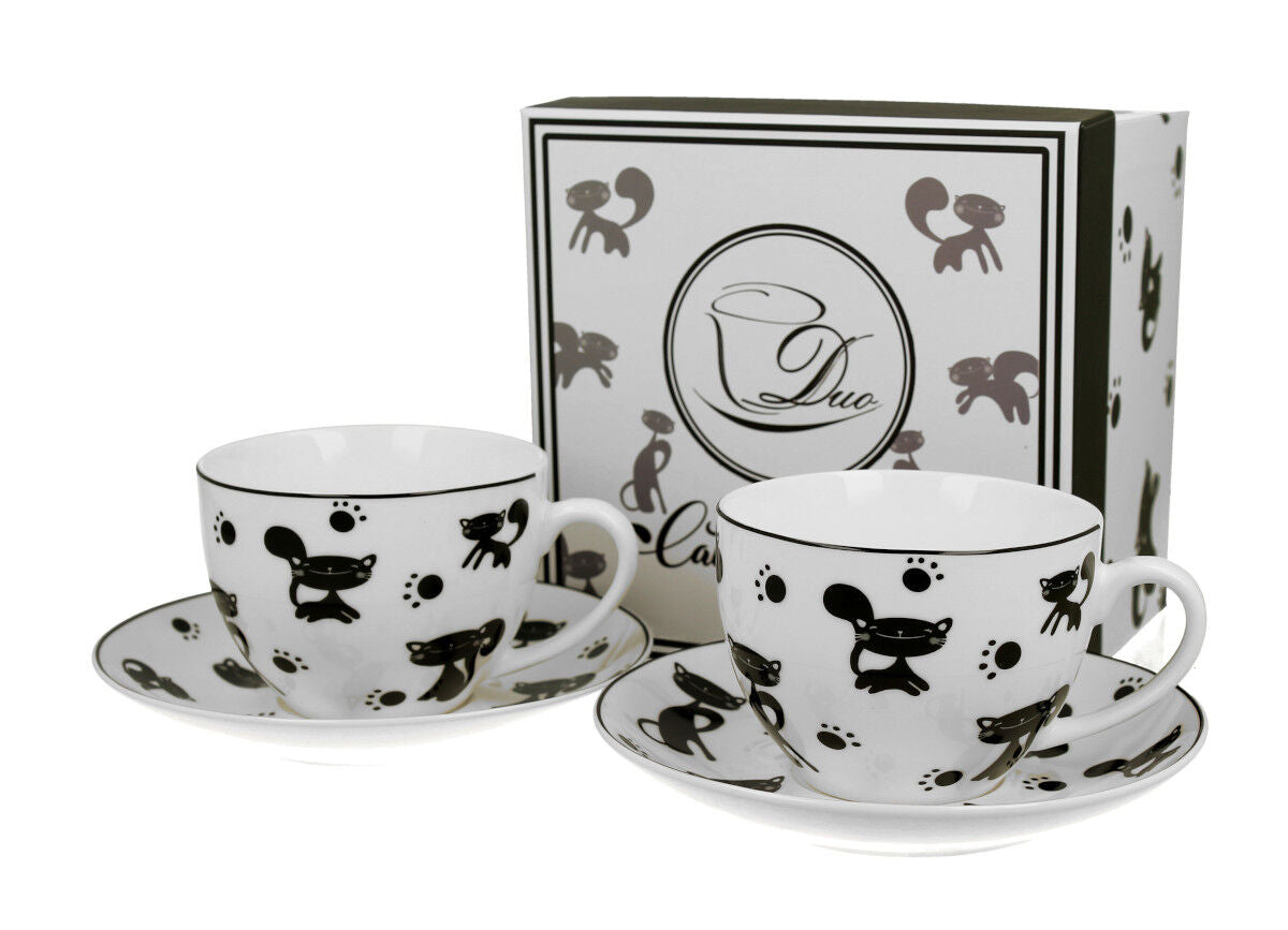 DUO ANIMALS 2er-Set Tassen 280 ml BLACK CATS mit Untertassen, New Bone China Porzellan