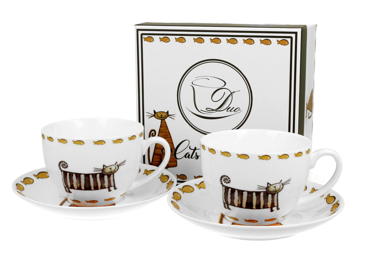 DUO ANIMALS 2er-Set Tassen 280 ml CLASSIC CATS mit Untertassen, New Bone China Porzellan