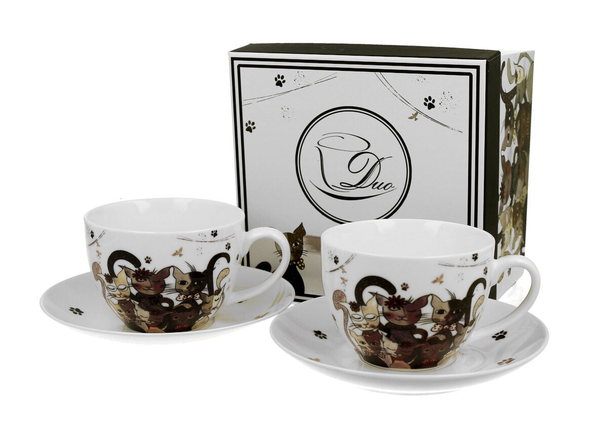 DUO ANIMALS 2er-Set Tassen 280 ml CATS FAMILY mit Untertassen, New Bone China Porzellan