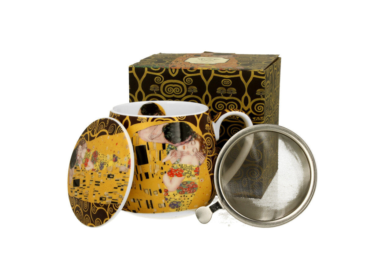 DUO ART GALLERY Fassbecher 430 ml THE KISS BROWN mit Teesieb, New Bone China Porzellan