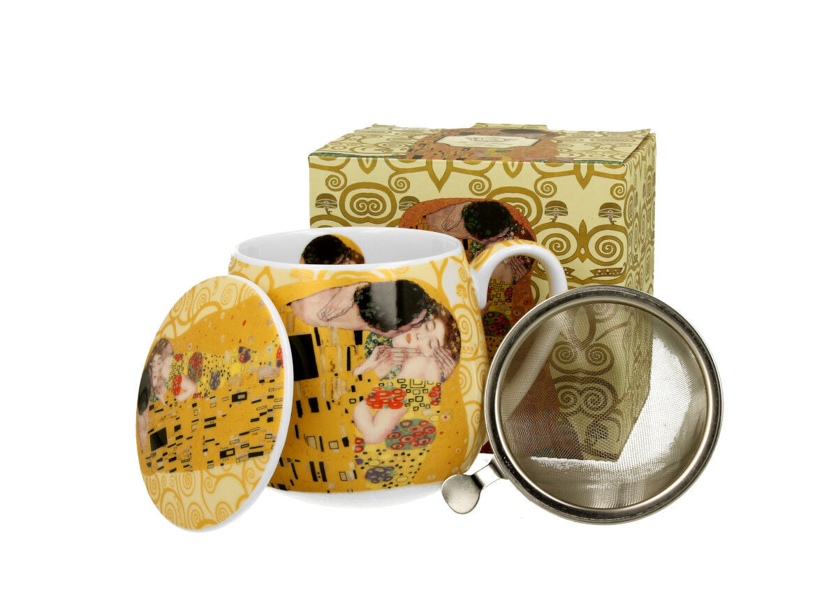 DUO ART GALLERY Fassbecher 430 ml THE KISS ECRU mit Teesieb, New Bone China Porzellan