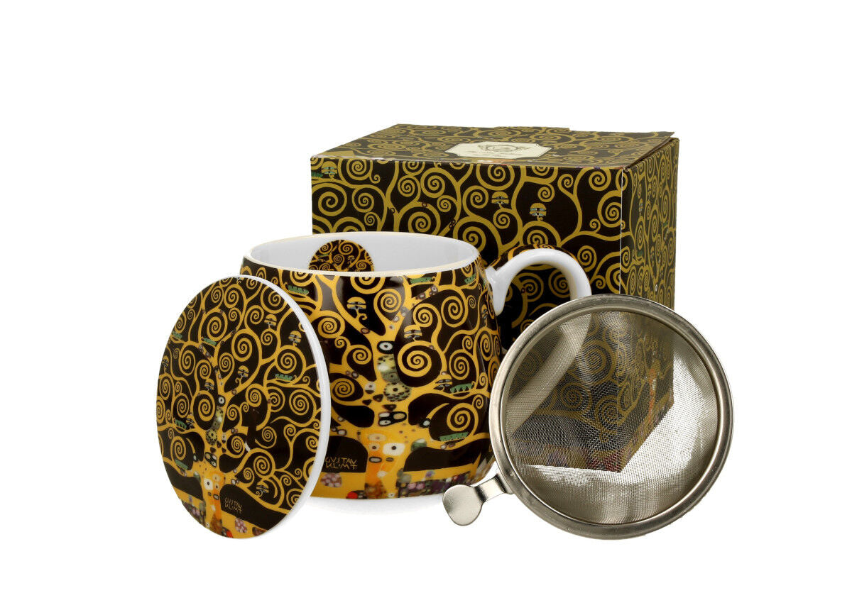 DUO ART GALLERY Fassbecher 430 ml TREE OF LIFE mit Teesieb, New Bone China Porzellan