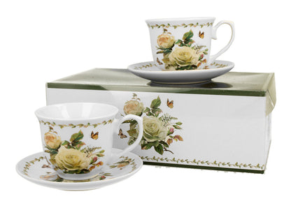 DUO FLORAL 2er-Set Tassen 250 ml EDITH mit Untertassen, New Bone China Porzellan