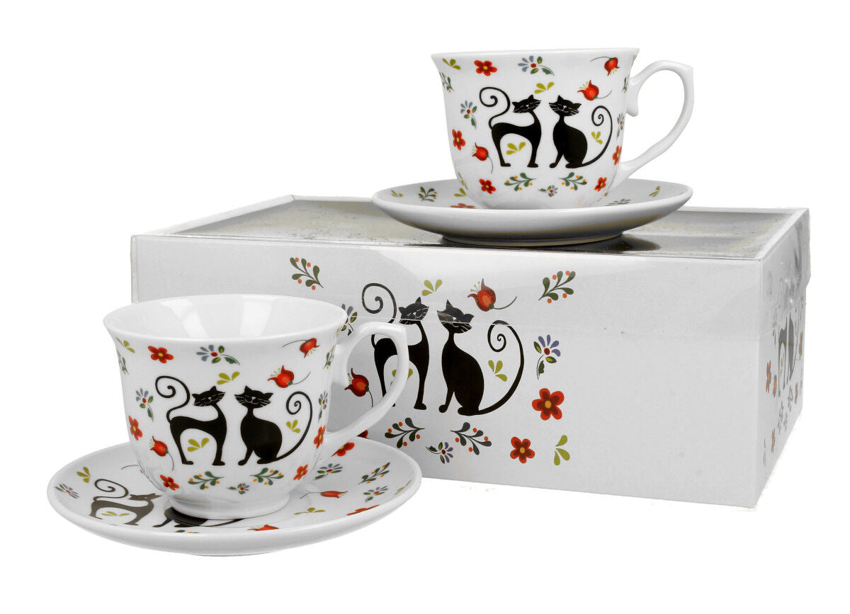 DUO ANIMALS 2er-Set Tassen 250 ml ETNO CATS mit Untertassen, New Bone China Porzellan