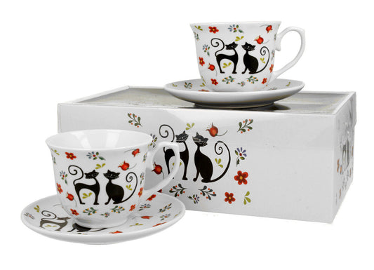 DUO ANIMALS 2er-Set Tassen 250 ml ETNO CATS mit Untertassen, New Bone China Porzellan