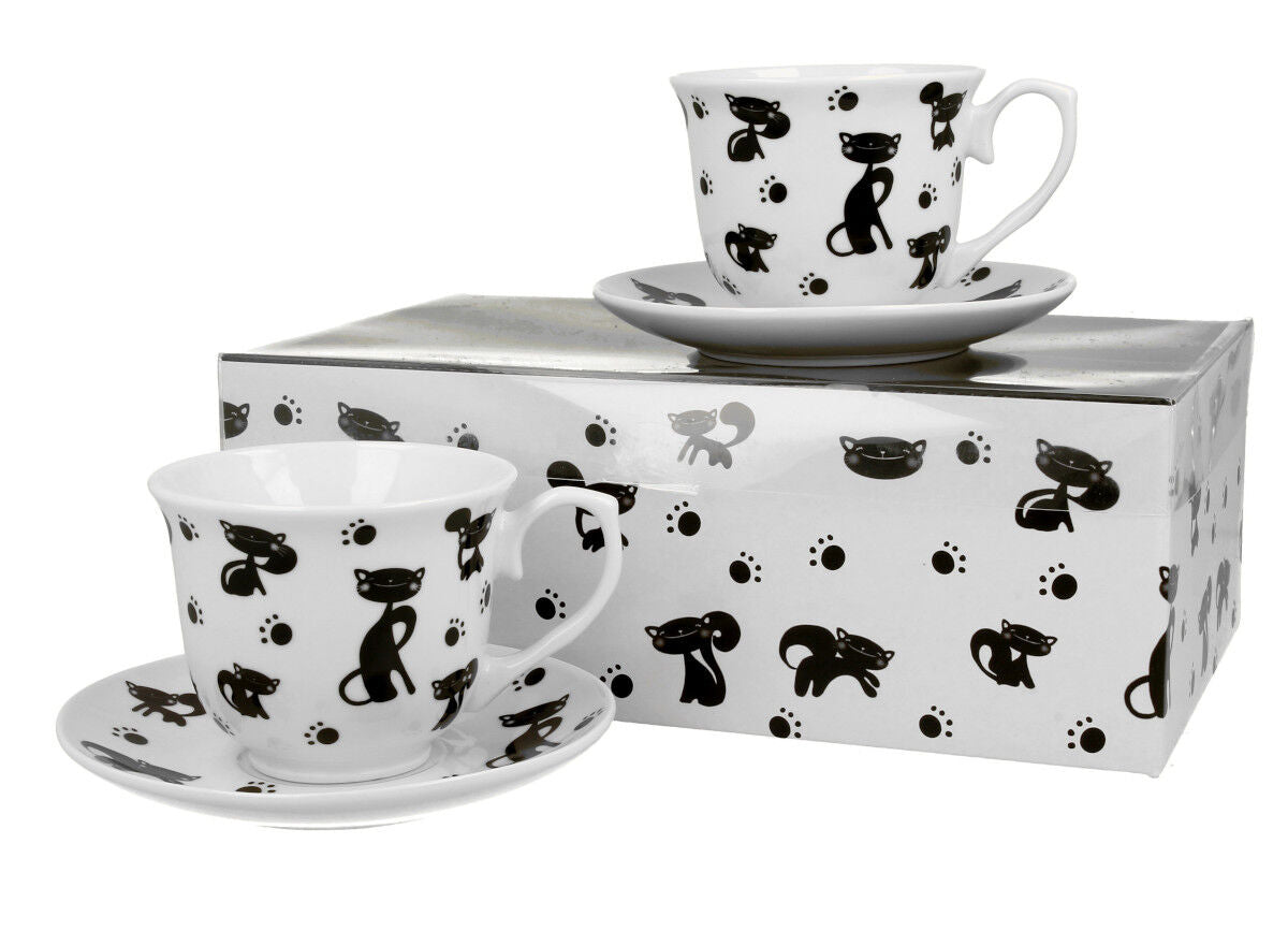 DUO ANIMALS 2er-Set Tassen 250 ml BLACK CATS mit Untertassen, New Bone China Porzellan