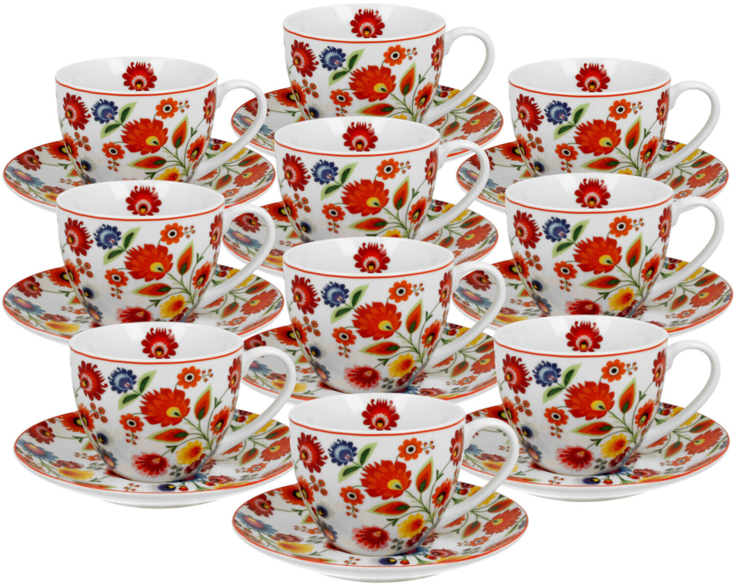 10er SET DUO ETNO 33991 Tasse 250 ml ŁOWICZ mit Untertasse, New Bone China Porzellan