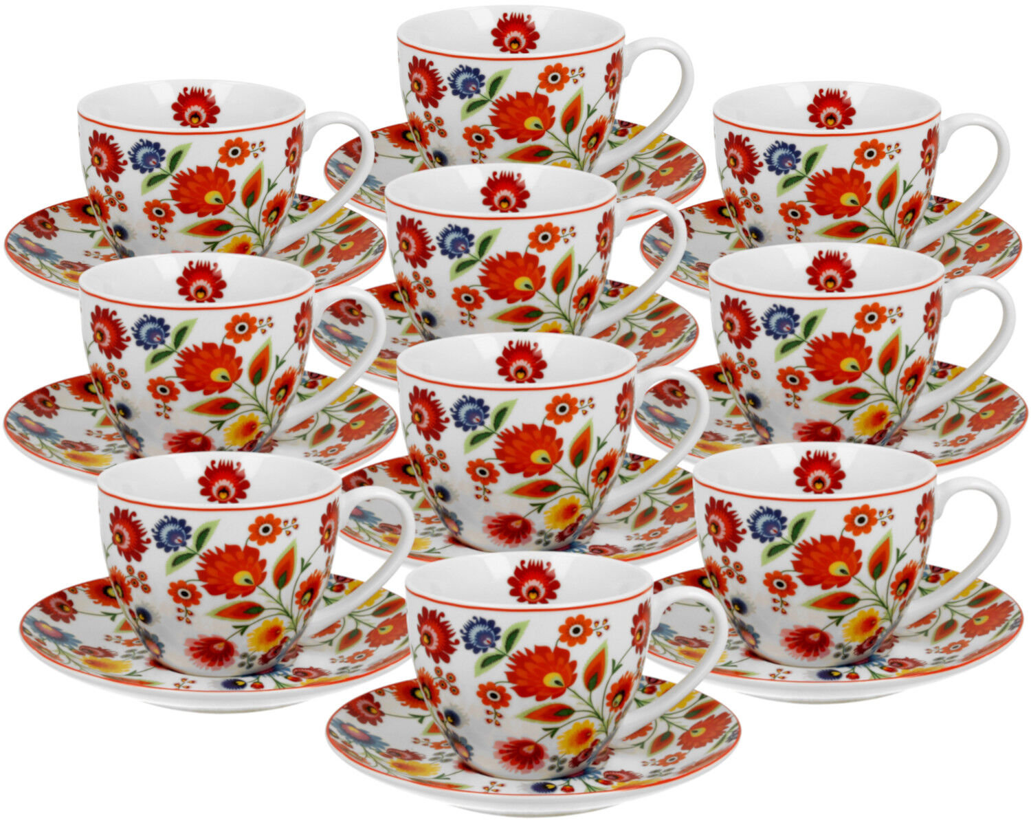 10er SET DUO ETNO 33991 Tasse 250 ml ŁOWICZ mit Untertasse, New Bone China Porzellan