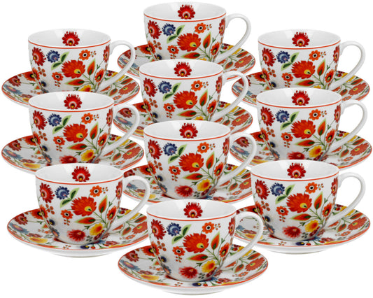 10er SET DUO ETNO 33991 Tasse 250 ml ŁOWICZ mit Untertasse, New Bone China Porzellan