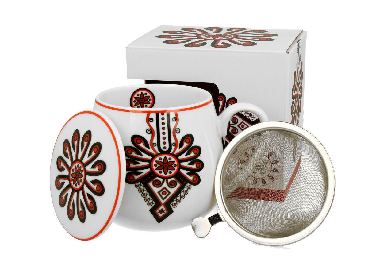 DUO ETNO Fassbecher 430 ml RURAL ORNAMENT mit Teesieb, New Bone China Porzellan
