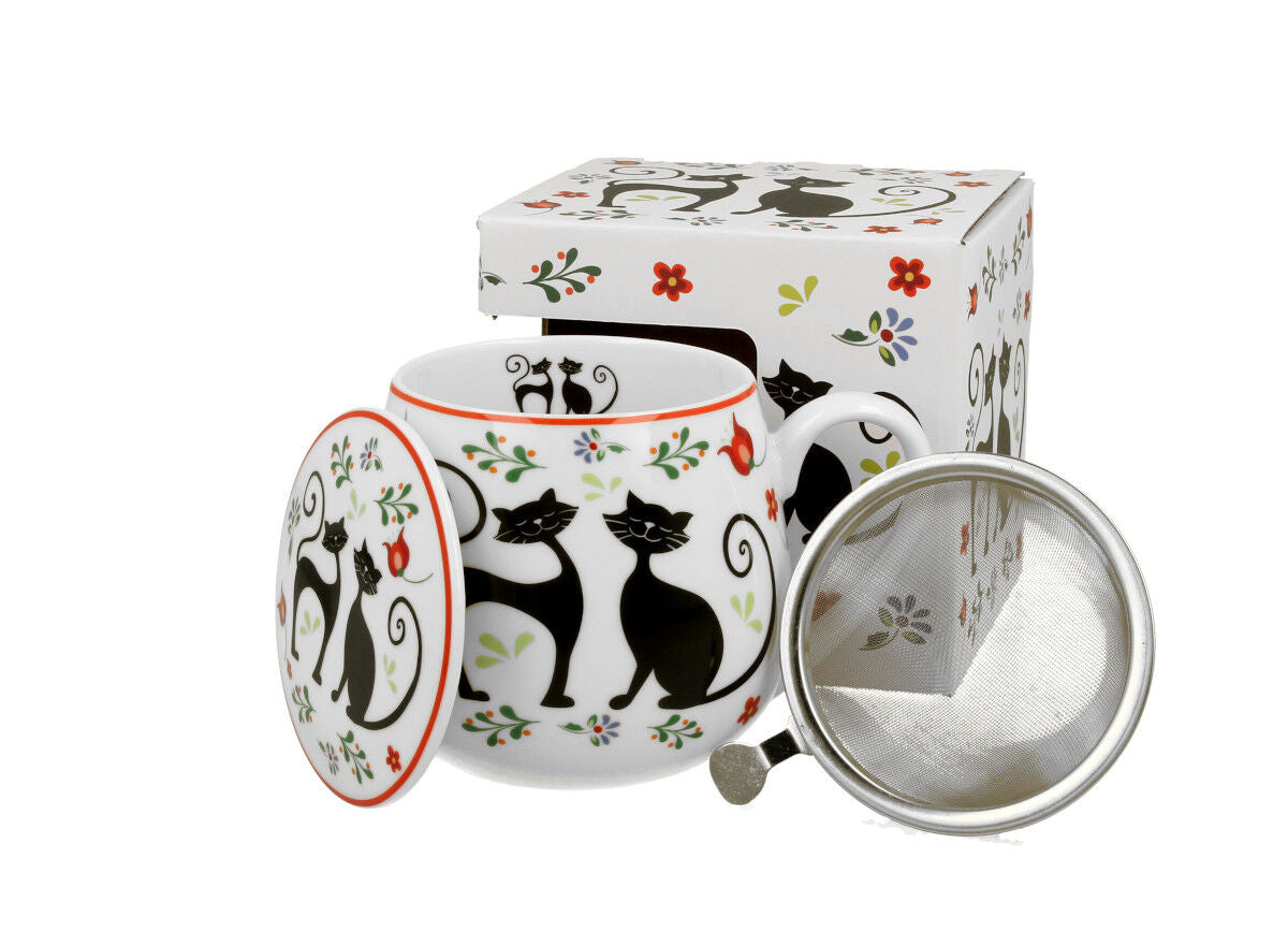 DUO ANIMALS Fassbecher 430 ml ETNO CATS mit Teesieb, New Bone China Porzellan