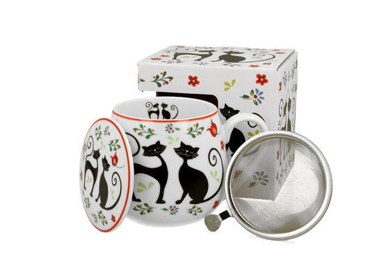 DUO ANIMALS Fassbecher 430 ml ETNO CATS mit Teesieb, New Bone China Porzellan