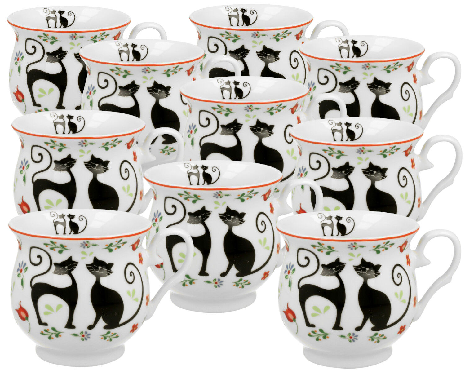 10er SET DUO ANIMALS Becher 500 ml ETNO CATS New Bone China Porzellan