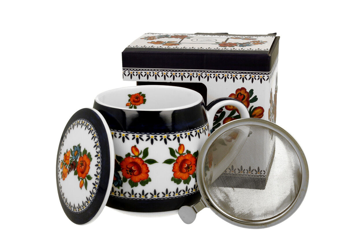DUO ETNO 34356 Fassbecher 430 ml mit Teesieb INDIGO mit Teesieb, New Bone China Porzellan