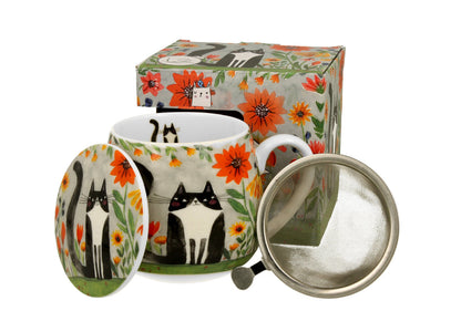 DUO ART GALLERY Fassbecher 430 ml CAT'S WORLD – MEADOW mit Teesieb, New Bone China Porzellan