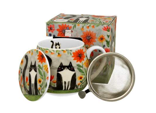 DUO ART GALLERY Fassbecher 430 ml CAT'S WORLD – MEADOW mit Teesieb, New Bone China Porzellan