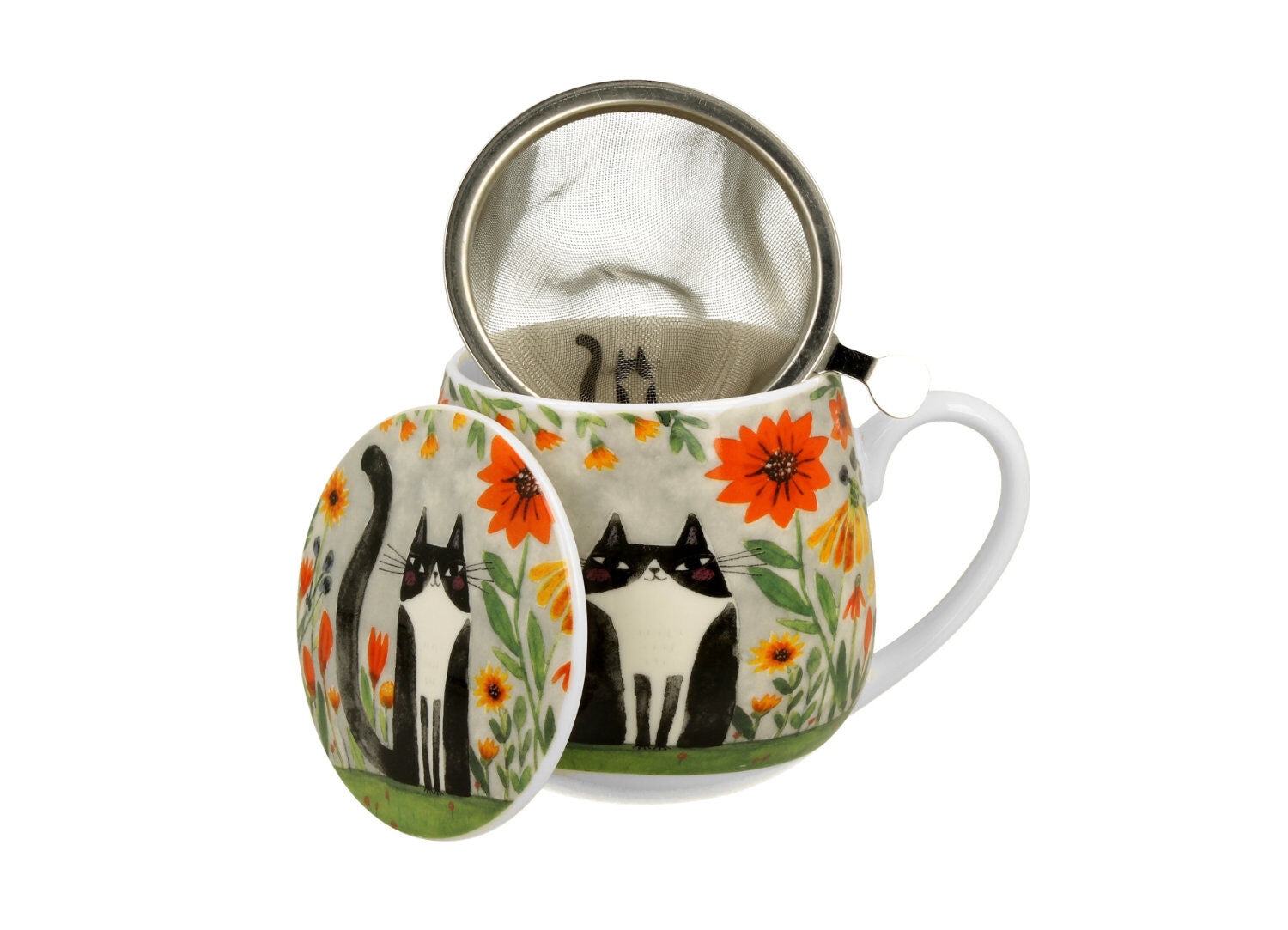 DUO ART GALLERY Fassbecher 430 ml CAT'S WORLD – MEADOW mit Teesieb, New Bone China Porzellan – Bild 3