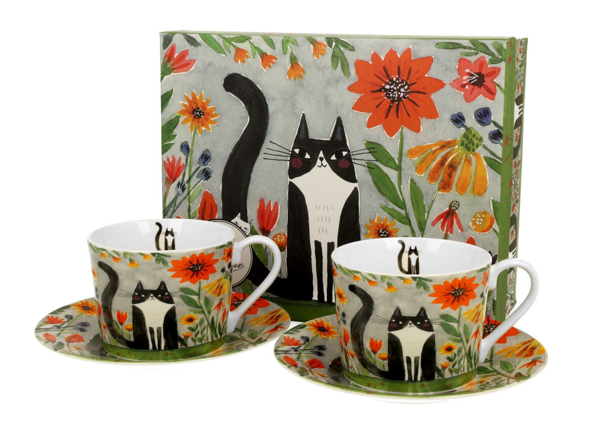 DUO ANIMALS 2er-Set Tassen 230 ml CAT'S WORLD – MEADOW mit Untertassen, New Bone China Porzellan