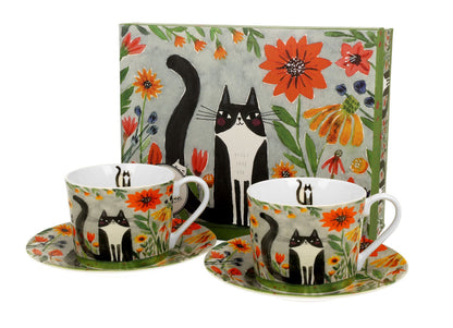 DUO ANIMALS 2er-Set Tassen 230 ml CAT'S WORLD – MEADOW mit Untertassen, New Bone China Porzellan