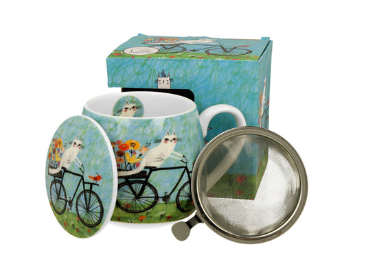 DUO ART GALLERY Fassbecher 430 ml CAT'S WORLD – BICYCLE mit Teesieb, New Bone China Porzellan