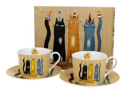 DUO ANIMALS 2er-Set Tassen 230 ml CAT'S WORLD – PARTY mit Untertassen, New Bone China Porzellan