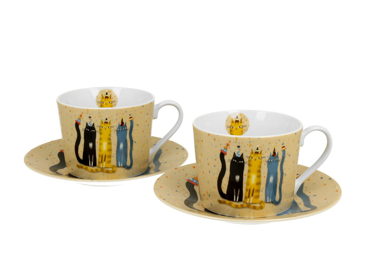 DUO ANIMALS 2er-Set Tassen 230 ml CAT'S WORLD – PARTY mit Untertassen, New Bone China Porzellan – Bild 2