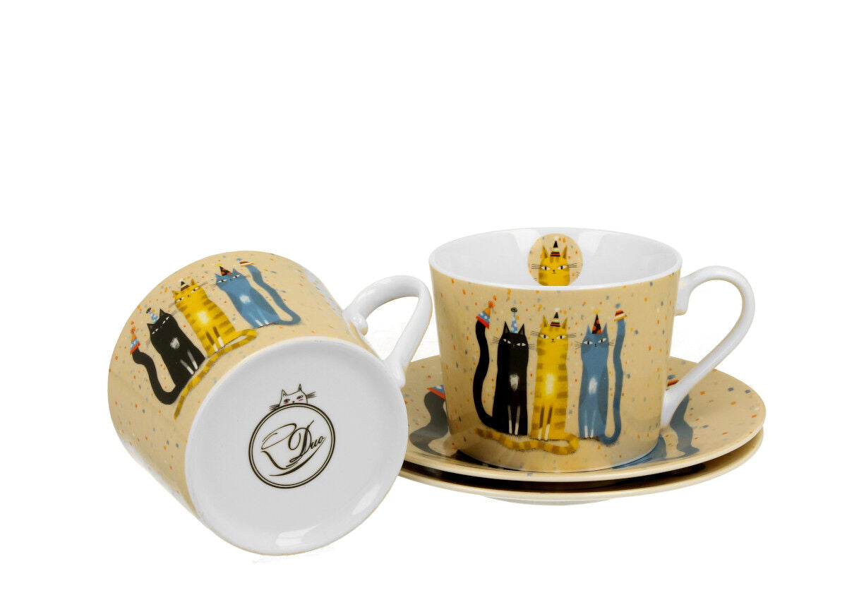 DUO ANIMALS 2er-Set Tassen 230 ml CAT'S WORLD – PARTY mit Untertassen, New Bone China Porzellan – Bild 3